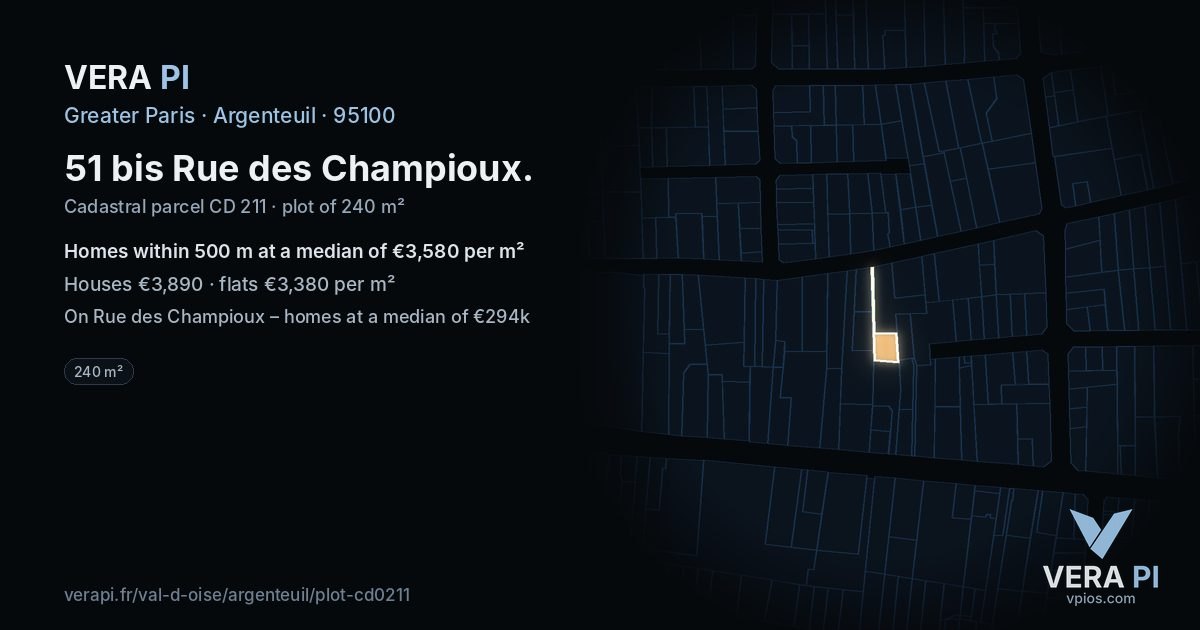 51 bis Rue des Champioux, Argenteuil at night – the plot lit, the parcels around coloured by the prices near them