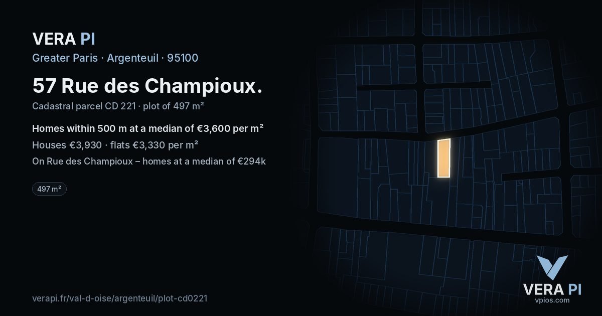 57 Rue des Champioux, Argenteuil at night – the plot lit, the parcels around coloured by the prices near them