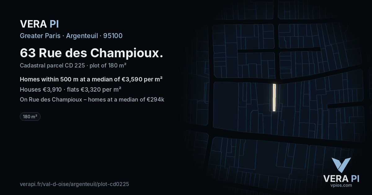 63 Rue des Champioux, Argenteuil at night – the plot lit, the parcels around coloured by the prices near them