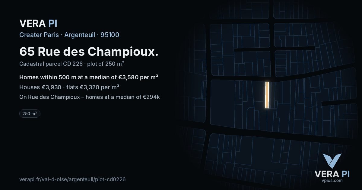 65 Rue des Champioux, Argenteuil at night – the plot lit, the parcels around coloured by the prices near them