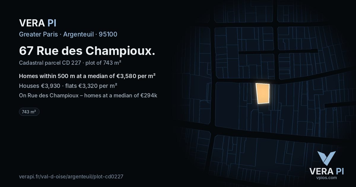 67 Rue des Champioux, Argenteuil at night – the plot lit, the parcels around coloured by the prices near them