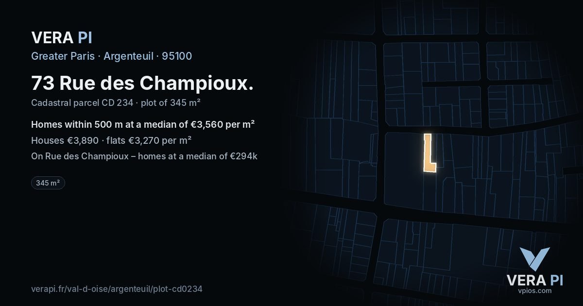 73 Rue des Champioux, Argenteuil at night – the plot lit, the parcels around coloured by the prices near them