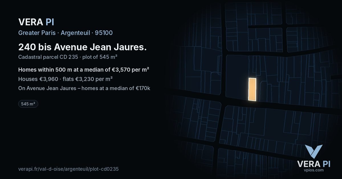 240 bis Avenue Jean Jaures, Argenteuil at night – the plot lit, the parcels around coloured by the prices near them