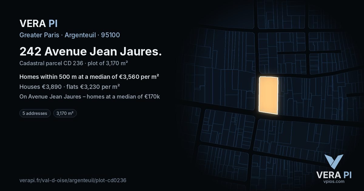 242 Avenue Jean Jaures, Argenteuil at night – the plot lit, the parcels around coloured by the prices near them