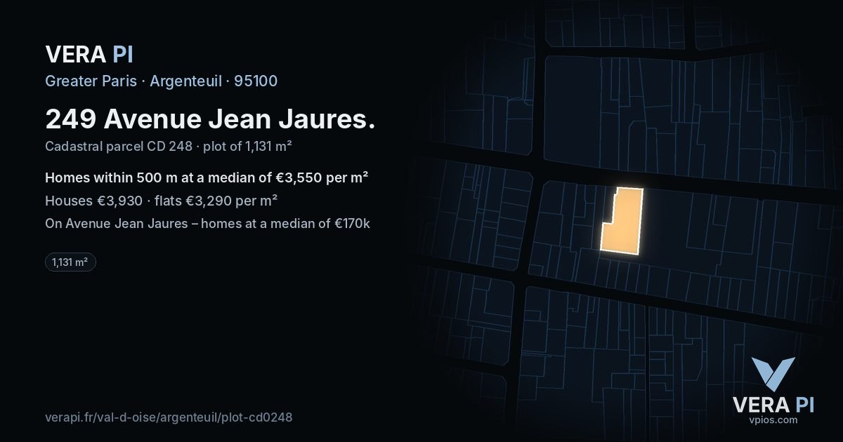 249 Avenue Jean Jaures, Argenteuil at night – the plot lit, the parcels around coloured by the prices near them