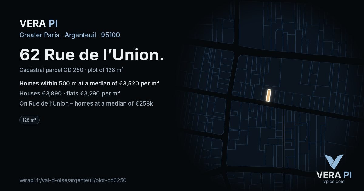 62 Rue de l’Union, Argenteuil at night – the plot lit, the parcels around coloured by the prices near them