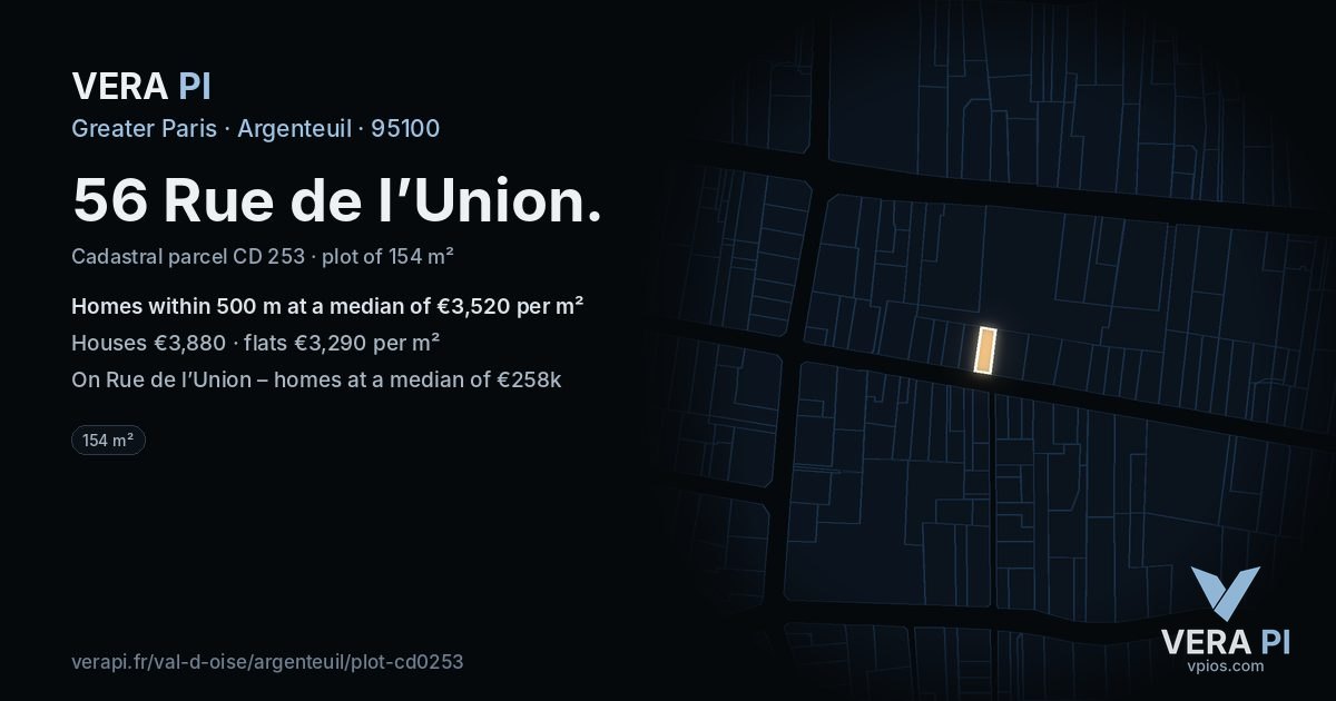 56 Rue de l’Union, Argenteuil at night – the plot lit, the parcels around coloured by the prices near them
