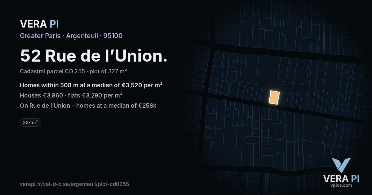 52 Rue de l’Union, Argenteuil at night – the plot lit, the parcels around coloured by the prices near them