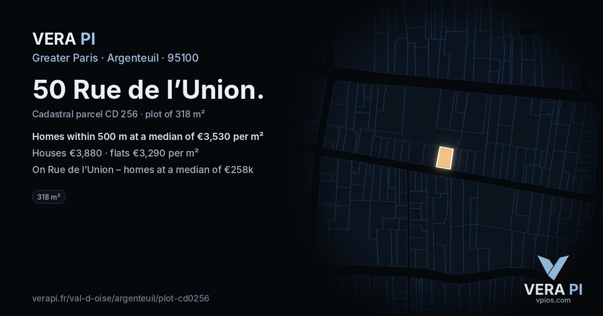 50 Rue de l’Union, Argenteuil at night – the plot lit, the parcels around coloured by the prices near them