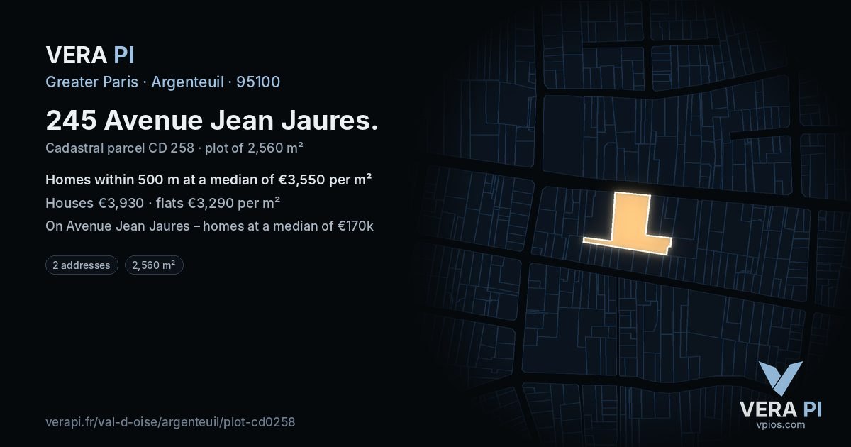 245 Avenue Jean Jaures, Argenteuil at night – the plot lit, the parcels around coloured by the prices near them
