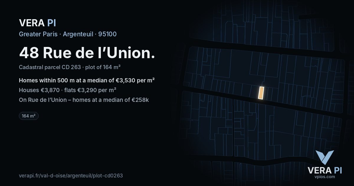 48 Rue de l’Union, Argenteuil at night – the plot lit, the parcels around coloured by the prices near them