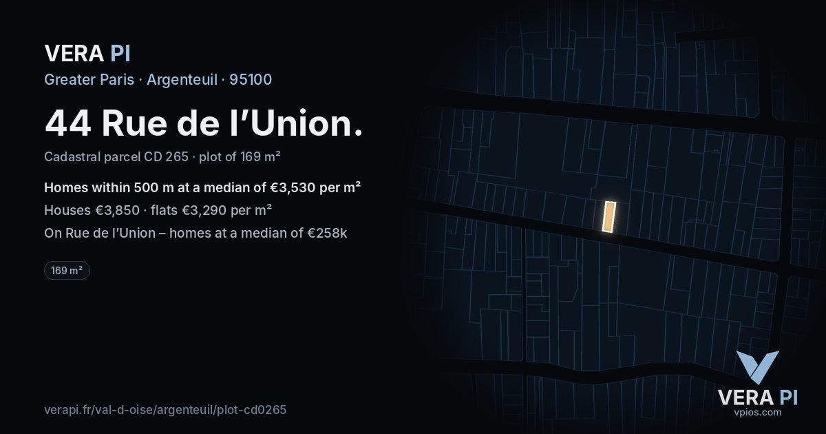 44 Rue de l’Union, Argenteuil at night – the plot lit, the parcels around coloured by the prices near them