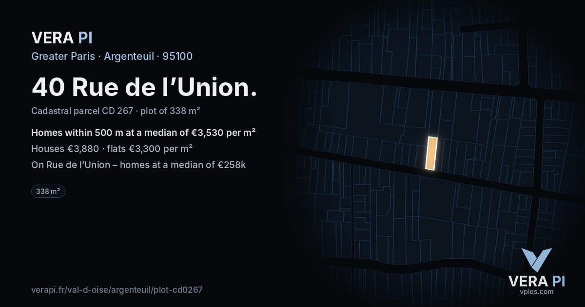 40 Rue de l’Union, Argenteuil at night – the plot lit, the parcels around coloured by the prices near them