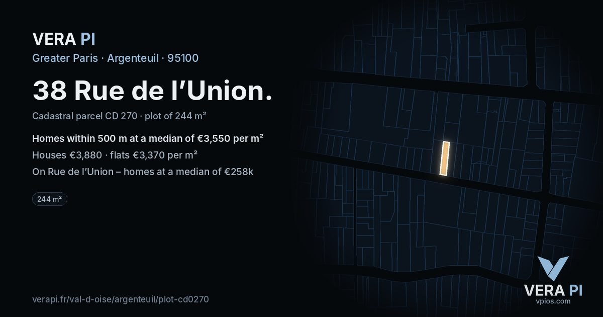 38 Rue de l’Union, Argenteuil at night – the plot lit, the parcels around coloured by the prices near them