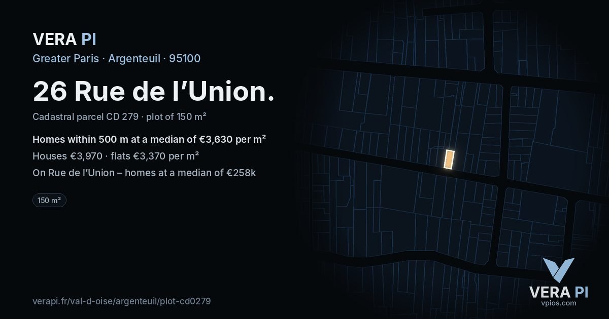 26 Rue de l’Union, Argenteuil at night – the plot lit, the parcels around coloured by the prices near them