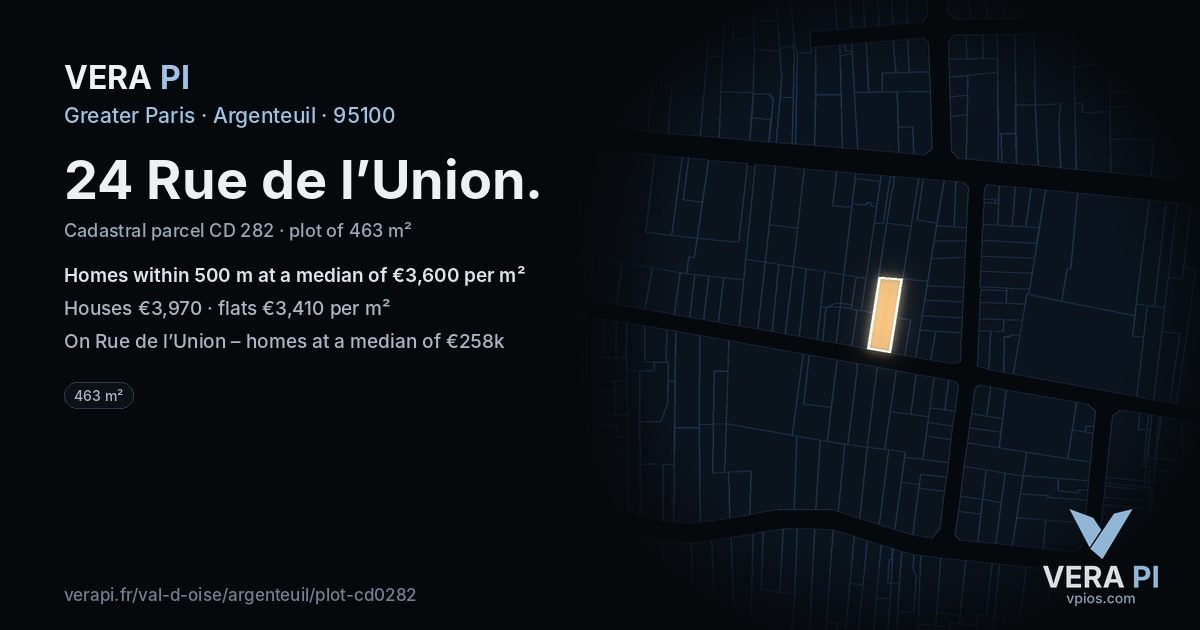 24 Rue de l’Union, Argenteuil at night – the plot lit, the parcels around coloured by the prices near them