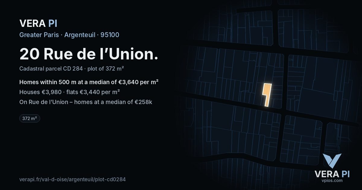 20 Rue de l’Union, Argenteuil at night – the plot lit, the parcels around coloured by the prices near them