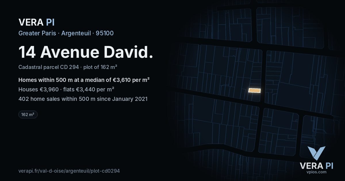 14 Avenue David, Argenteuil at night – the plot lit, the parcels around coloured by the prices near them