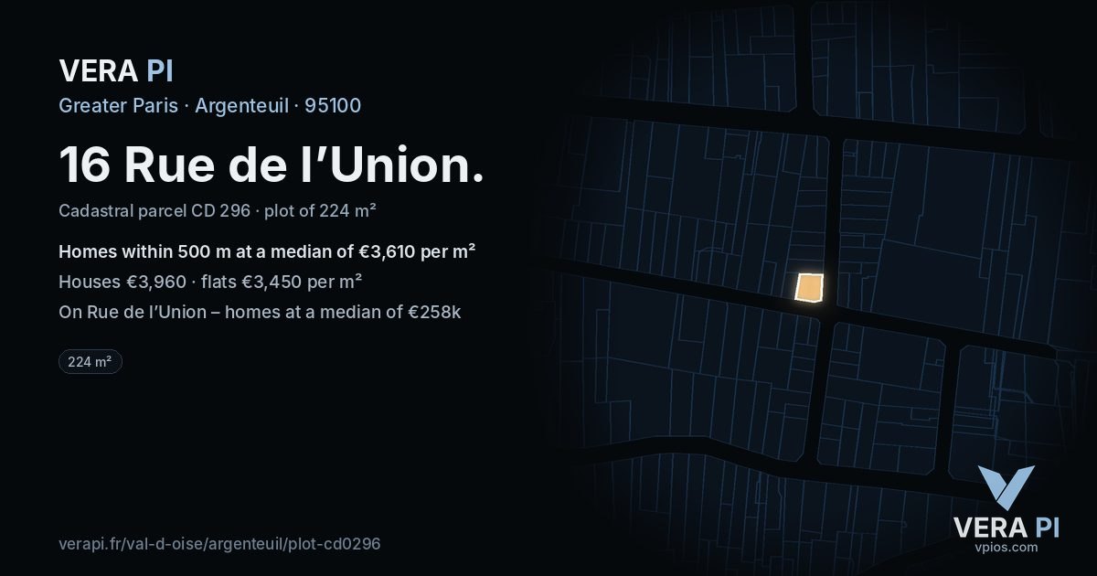 16 Rue de l’Union, Argenteuil at night – the plot lit, the parcels around coloured by the prices near them