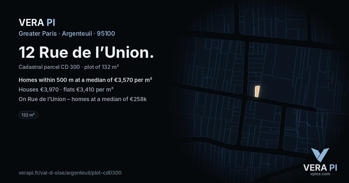 12 Rue de l’Union, Argenteuil at night – the plot lit, the parcels around coloured by the prices near them