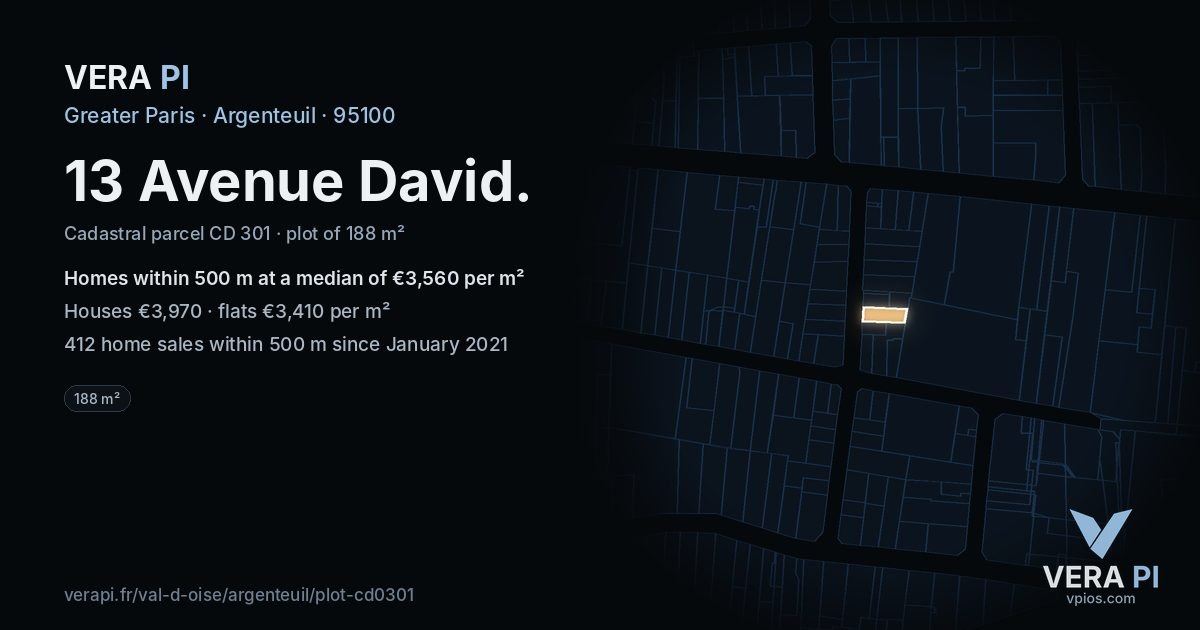 13 Avenue David, Argenteuil at night – the plot lit, the parcels around coloured by the prices near them