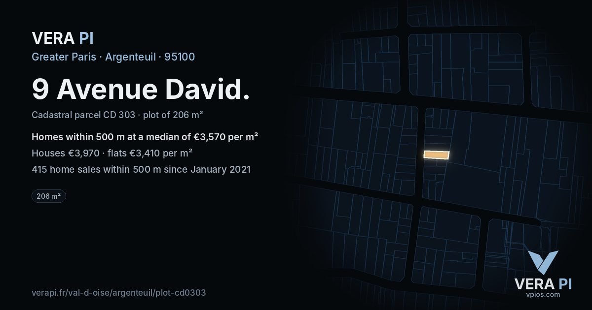 9 Avenue David, Argenteuil at night – the plot lit, the parcels around coloured by the prices near them