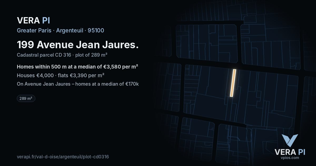 199 Avenue Jean Jaures, Argenteuil at night – the plot lit, the parcels around coloured by the prices near them