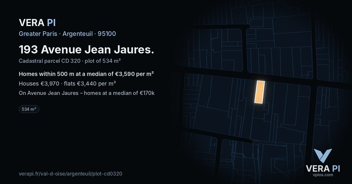 193 Avenue Jean Jaures, Argenteuil at night – the plot lit, the parcels around coloured by the prices near them