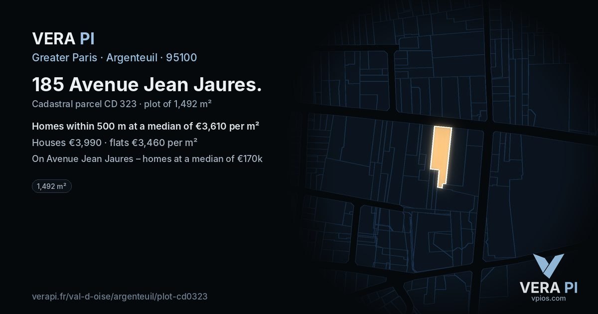 185 Avenue Jean Jaures, Argenteuil at night – the plot lit, the parcels around coloured by the prices near them