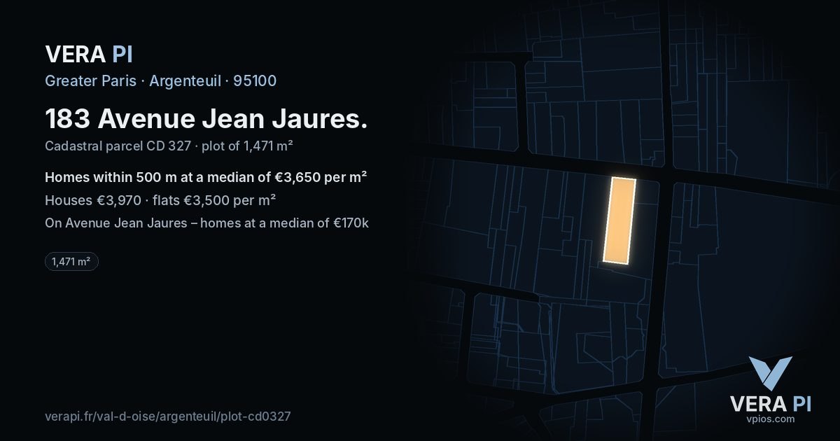 183 Avenue Jean Jaures, Argenteuil at night – the plot lit, the parcels around coloured by the prices near them