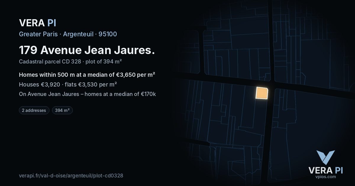 179 Avenue Jean Jaures, Argenteuil at night – the plot lit, the parcels around coloured by the prices near them