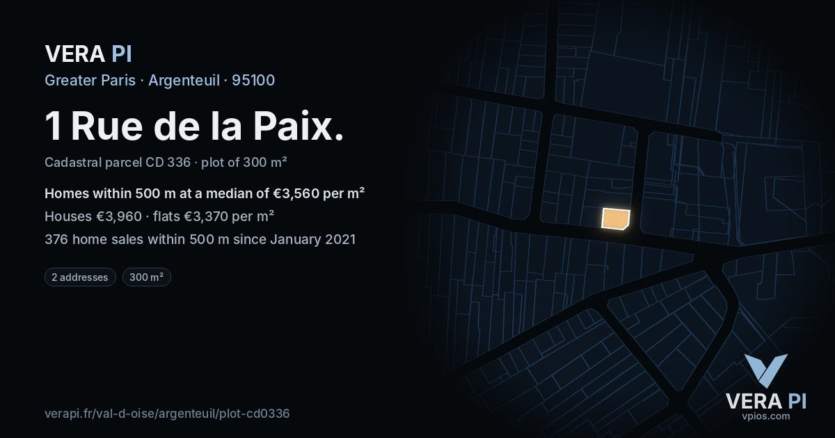 1 Rue de la Paix, Argenteuil at night – the plot lit, the parcels around coloured by the prices near them