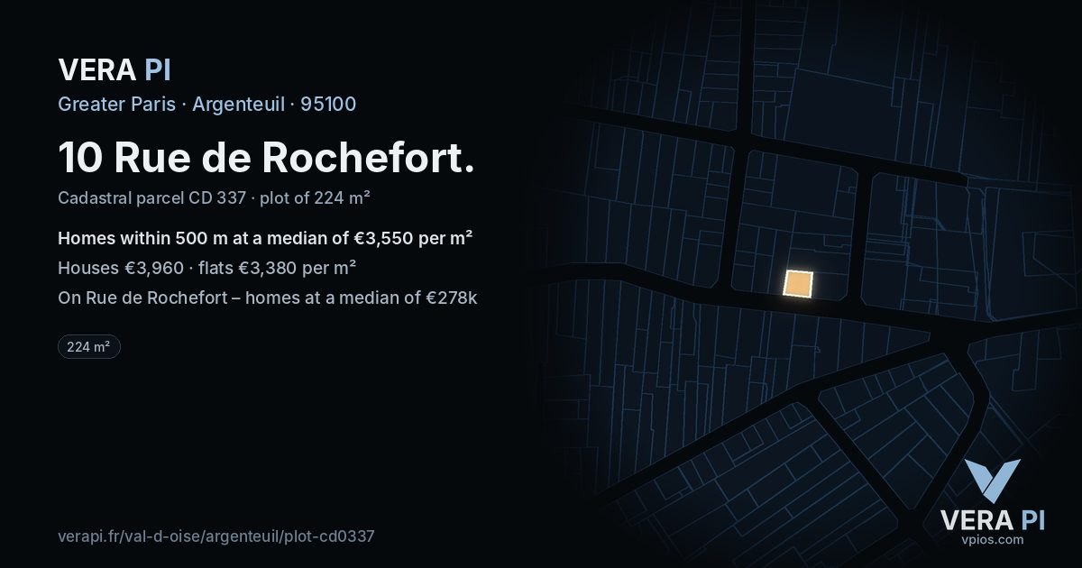 10 Rue de Rochefort, Argenteuil at night – the plot lit, the parcels around coloured by the prices near them