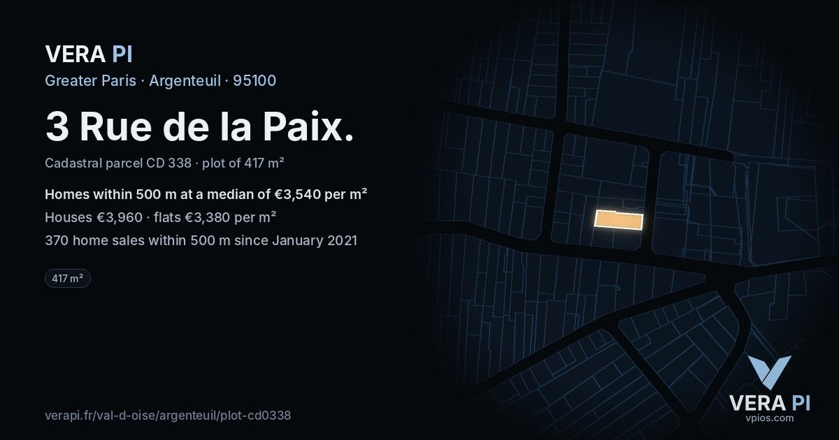 3 Rue de la Paix, Argenteuil at night – the plot lit, the parcels around coloured by the prices near them
