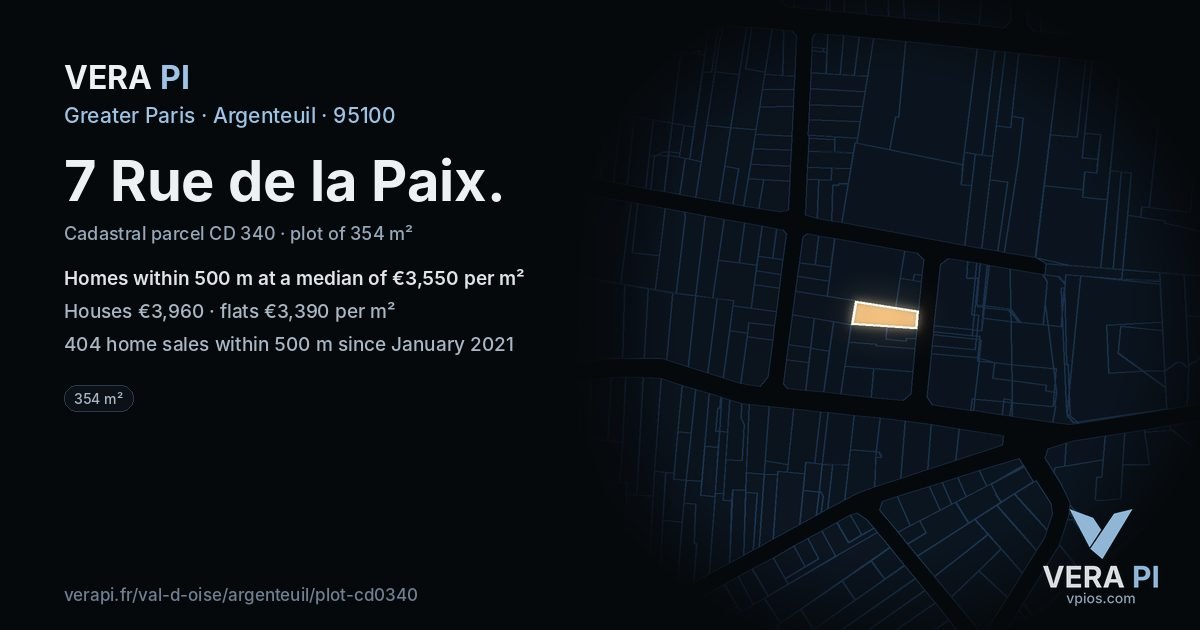 7 Rue de la Paix, Argenteuil at night – the plot lit, the parcels around coloured by the prices near them