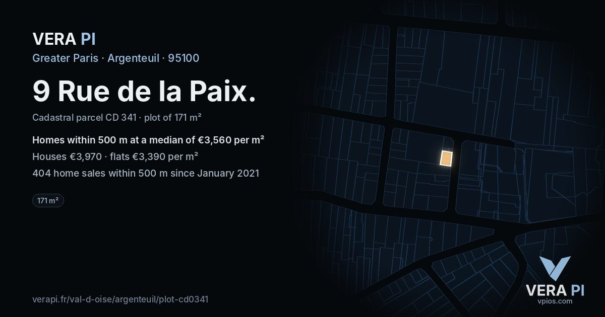 9 Rue de la Paix, Argenteuil at night – the plot lit, the parcels around coloured by the prices near them
