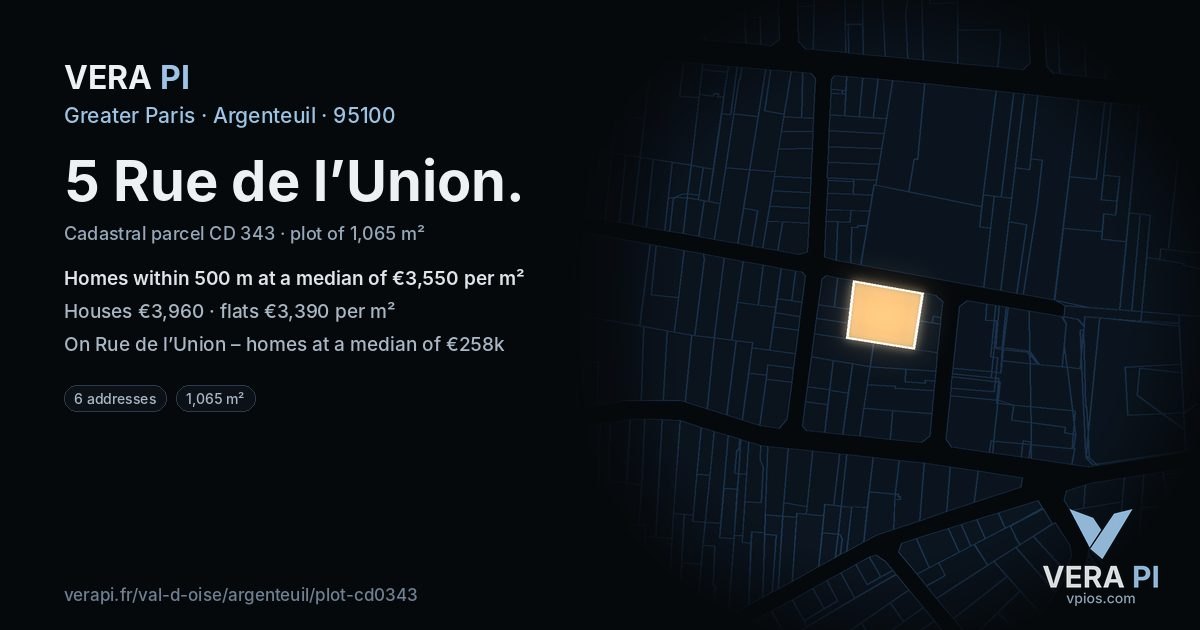5 Rue de l’Union, Argenteuil at night – the plot lit, the parcels around coloured by the prices near them