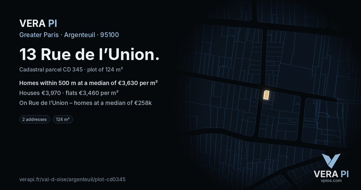 13 Rue de l’Union, Argenteuil at night – the plot lit, the parcels around coloured by the prices near them