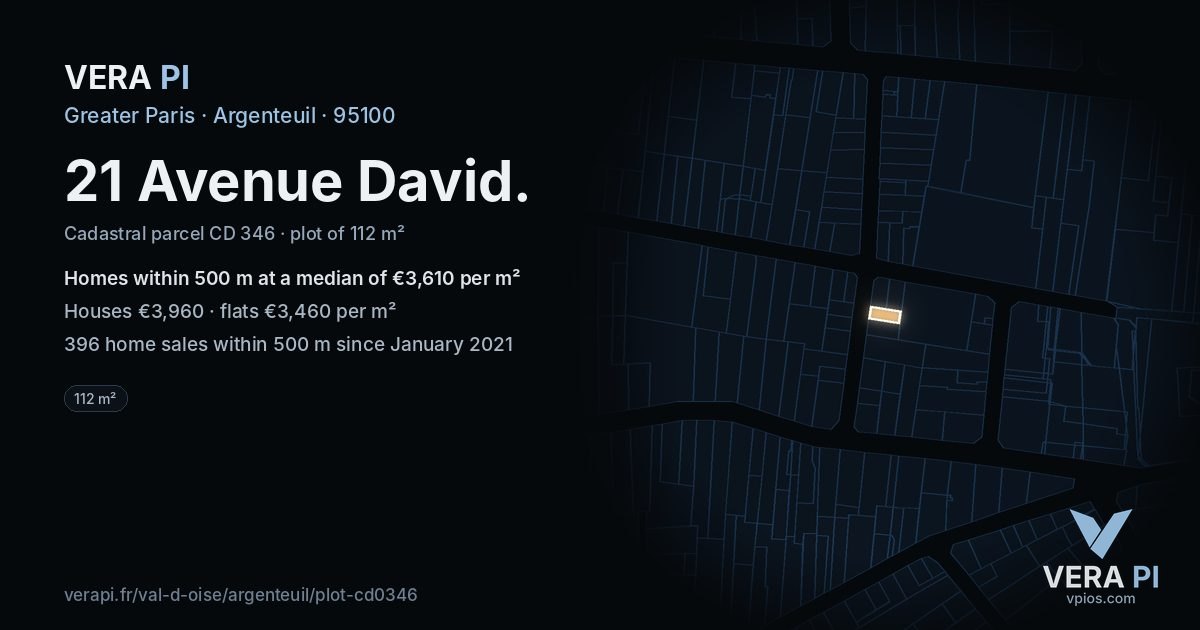 21 Avenue David, Argenteuil at night – the plot lit, the parcels around coloured by the prices near them