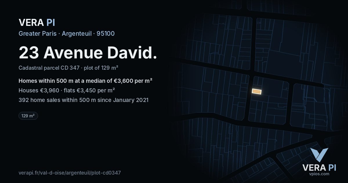 23 Avenue David, Argenteuil at night – the plot lit, the parcels around coloured by the prices near them