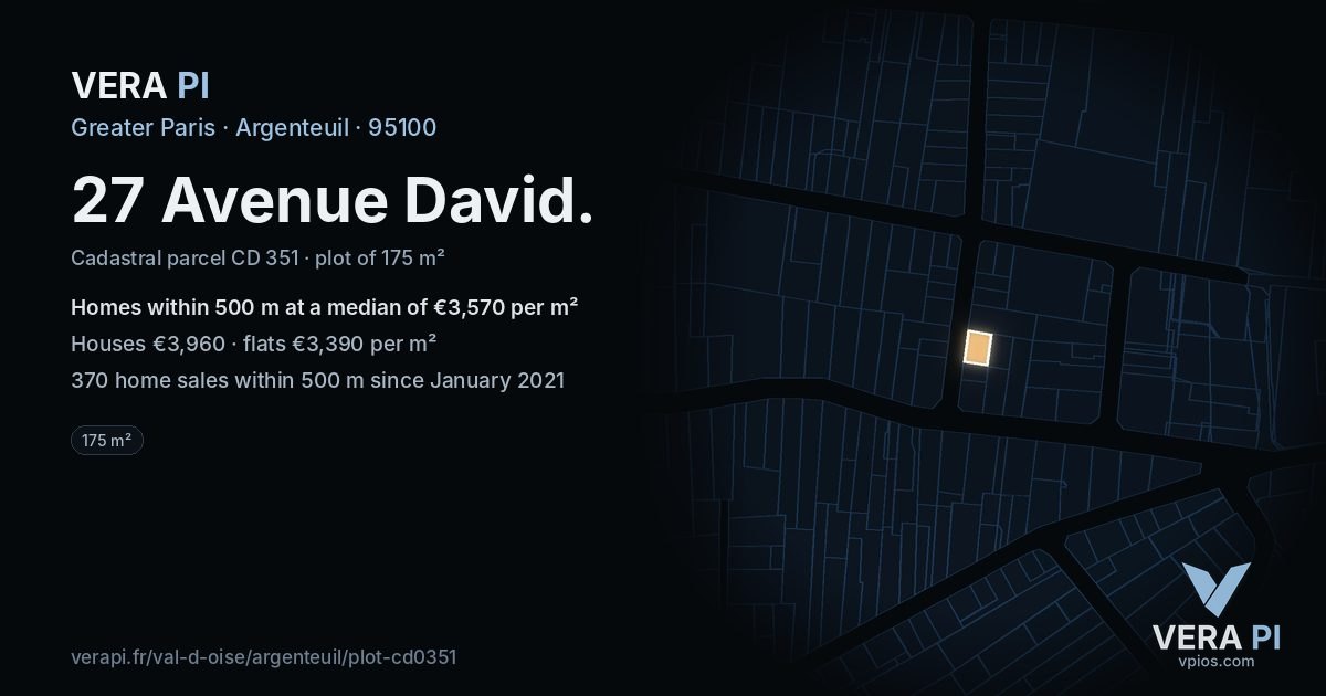 27 Avenue David, Argenteuil at night – the plot lit, the parcels around coloured by the prices near them