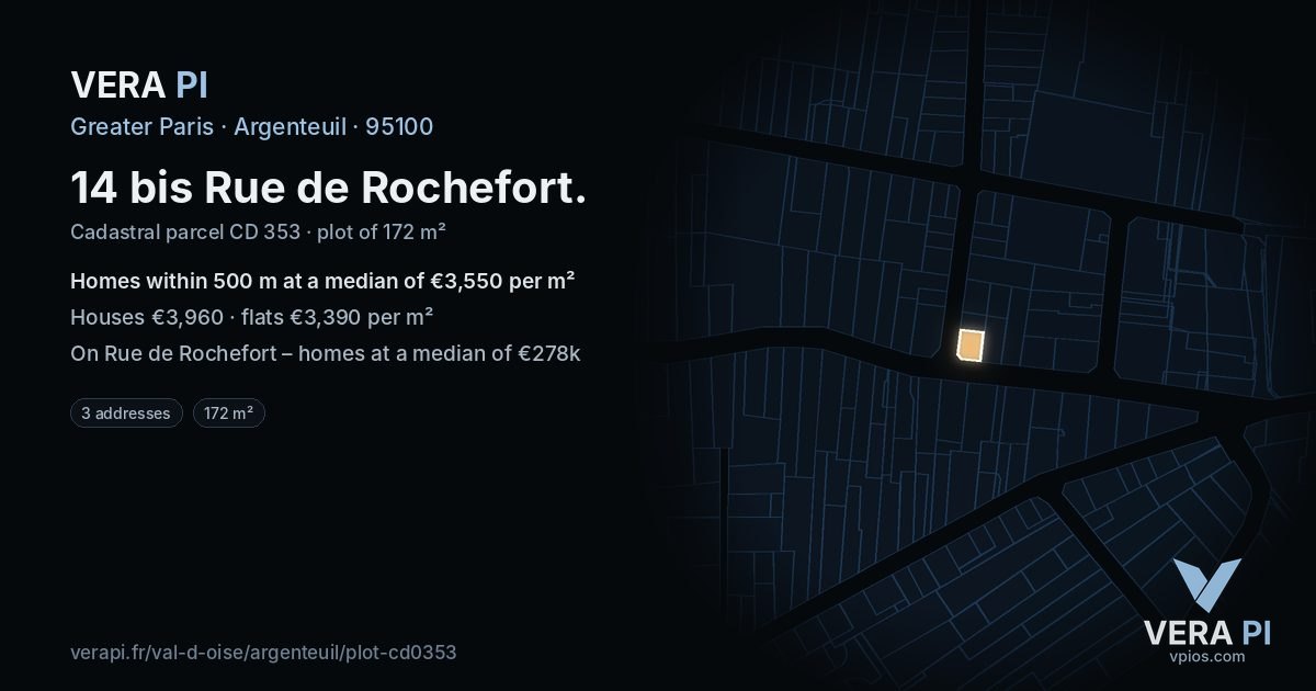 14 bis Rue de Rochefort, Argenteuil at night – the plot lit, the parcels around coloured by the prices near them