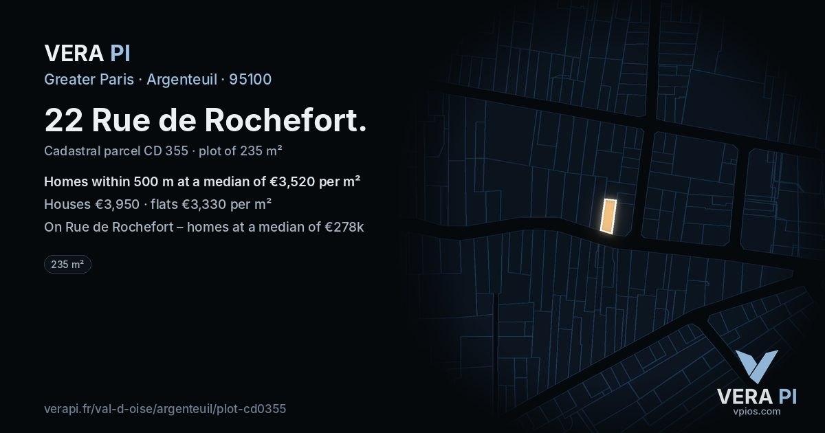 22 Rue de Rochefort, Argenteuil at night – the plot lit, the parcels around coloured by the prices near them