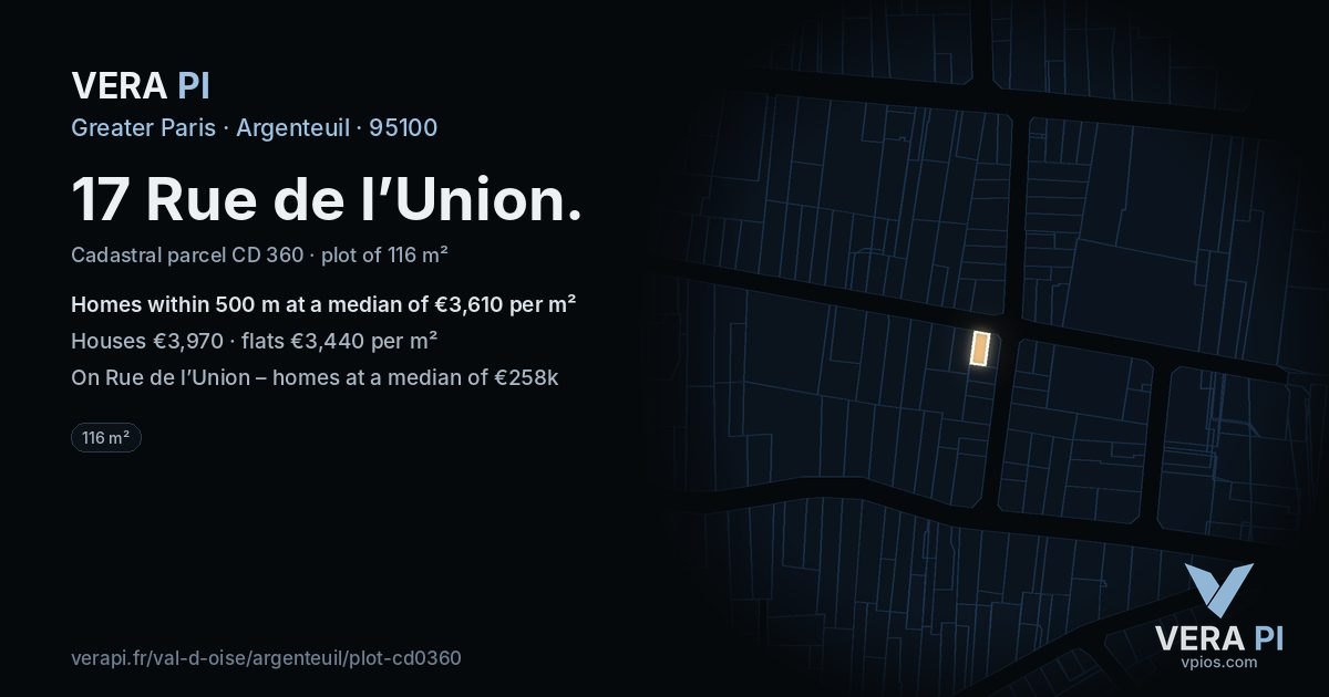 17 Rue de l’Union, Argenteuil at night – the plot lit, the parcels around coloured by the prices near them