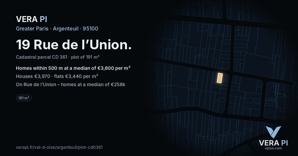 19 Rue de l’Union, Argenteuil at night – the plot lit, the parcels around coloured by the prices near them