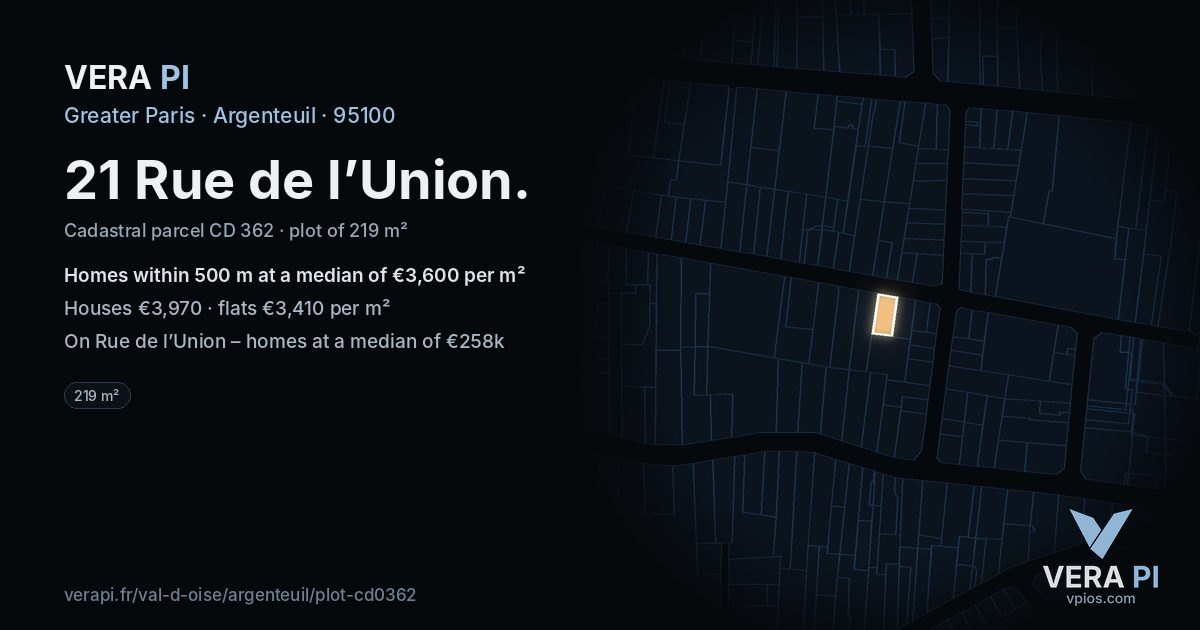 21 Rue de l’Union, Argenteuil at night – the plot lit, the parcels around coloured by the prices near them