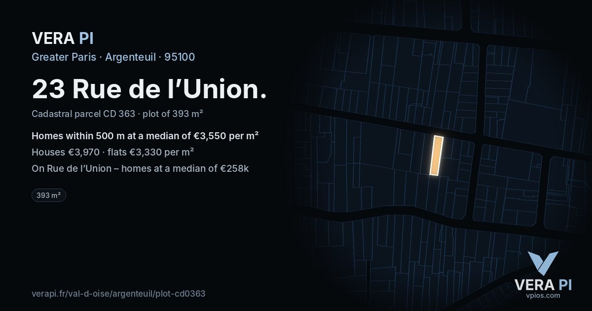 23 Rue de l’Union, Argenteuil at night – the plot lit, the parcels around coloured by the prices near them