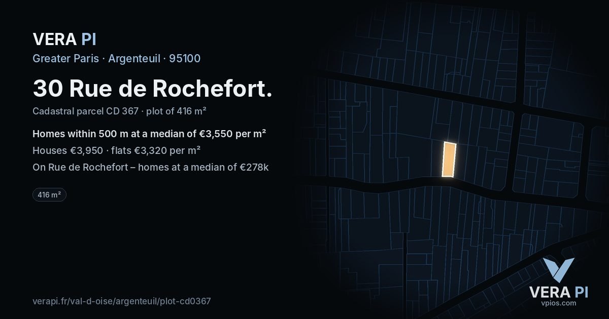 30 Rue de Rochefort, Argenteuil at night – the plot lit, the parcels around coloured by the prices near them