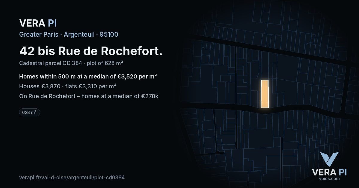 42 bis Rue de Rochefort, Argenteuil at night – the plot lit, the parcels around coloured by the prices near them