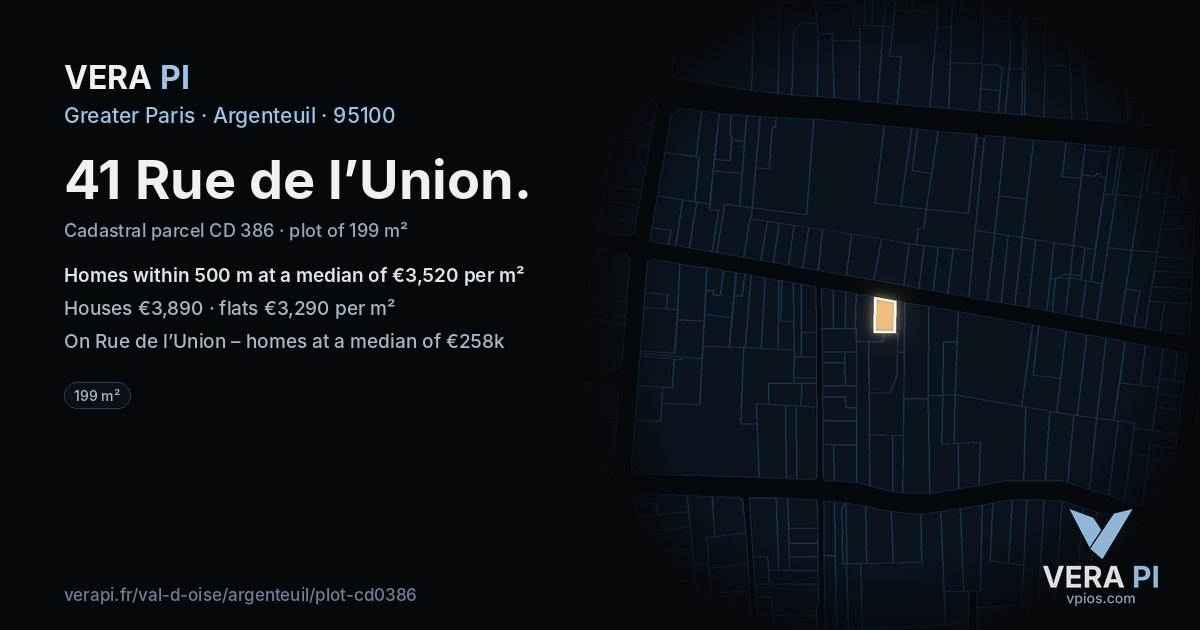 41 Rue de l’Union, Argenteuil at night – the plot lit, the parcels around coloured by the prices near them